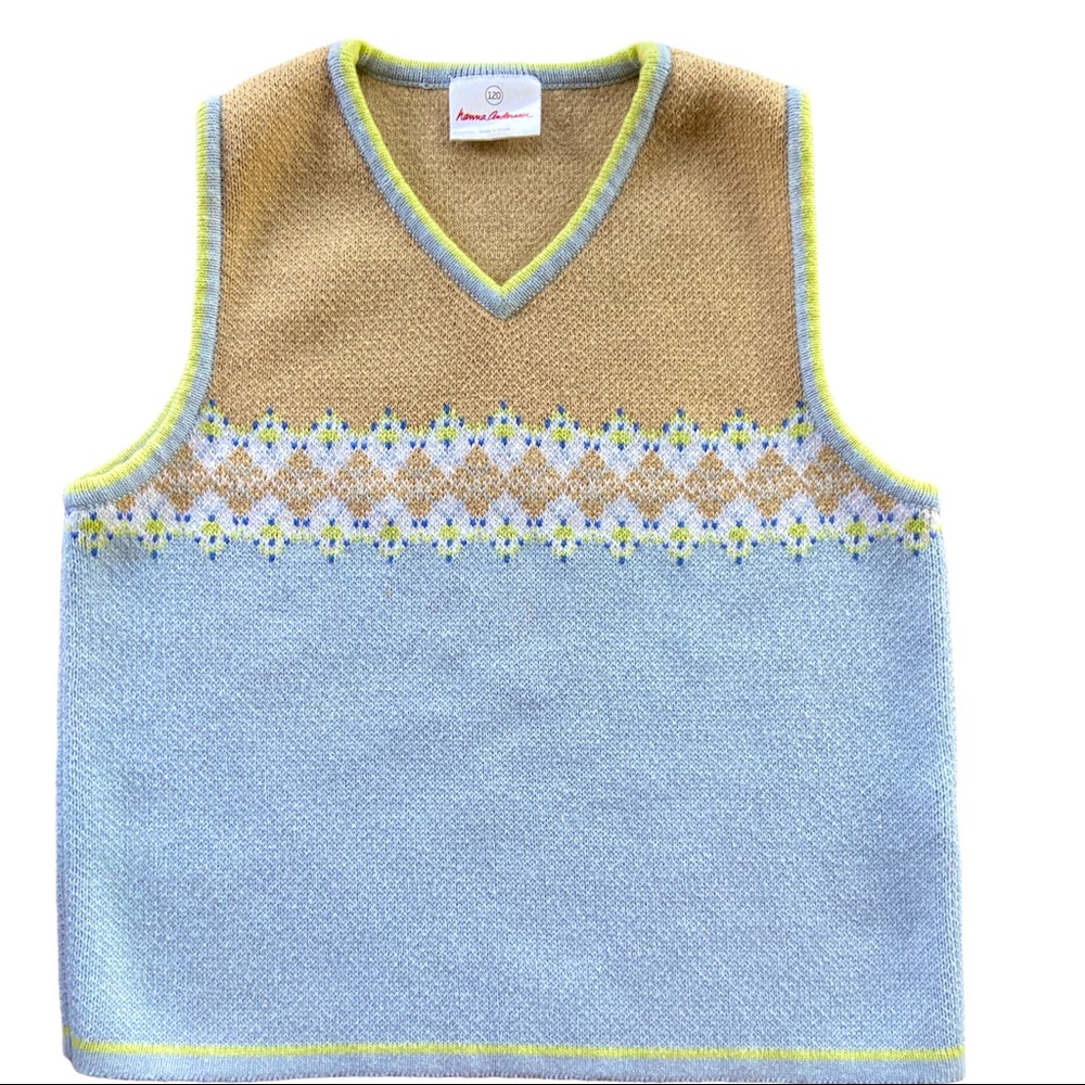 Hanna Andersson Kids V-Neck Vest Light Blue-Tan with Fair Isle Trim- Size 6/7